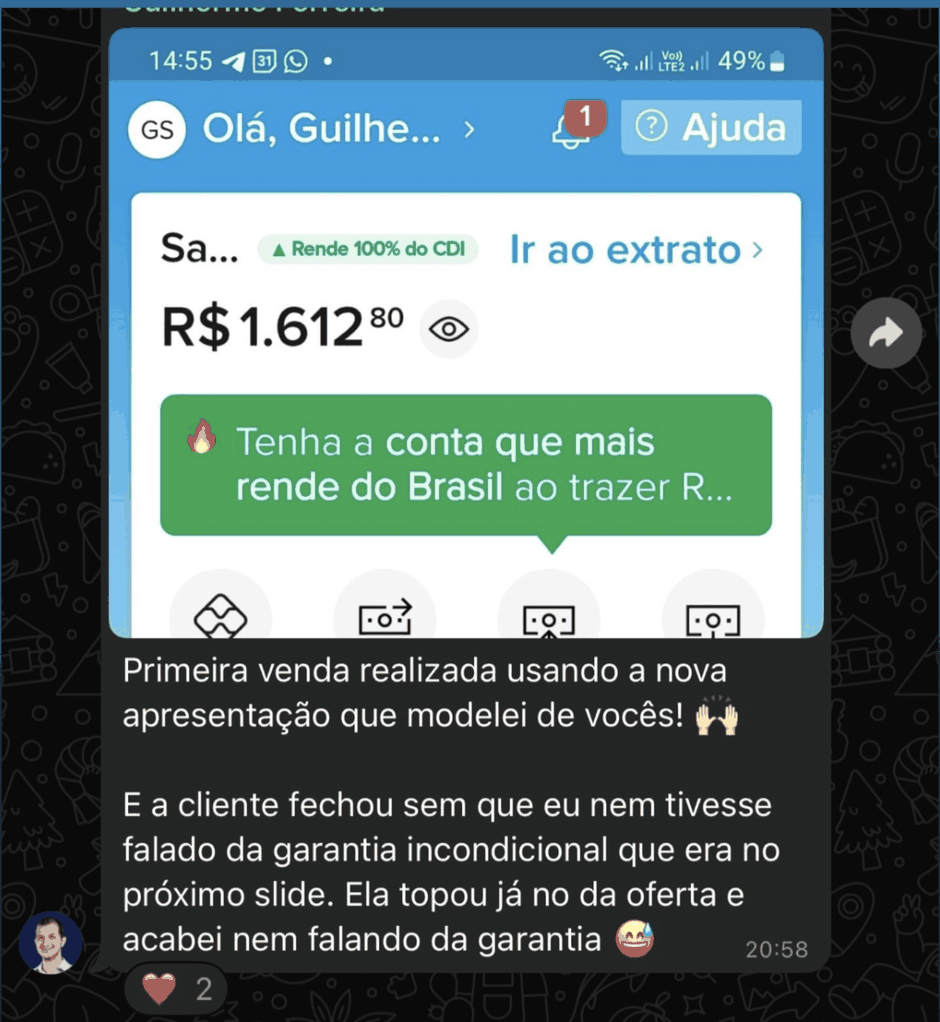 Cliente mostra saldo de R$ 1.612,80 e conta que fez a primeira venda com a nova apresentação