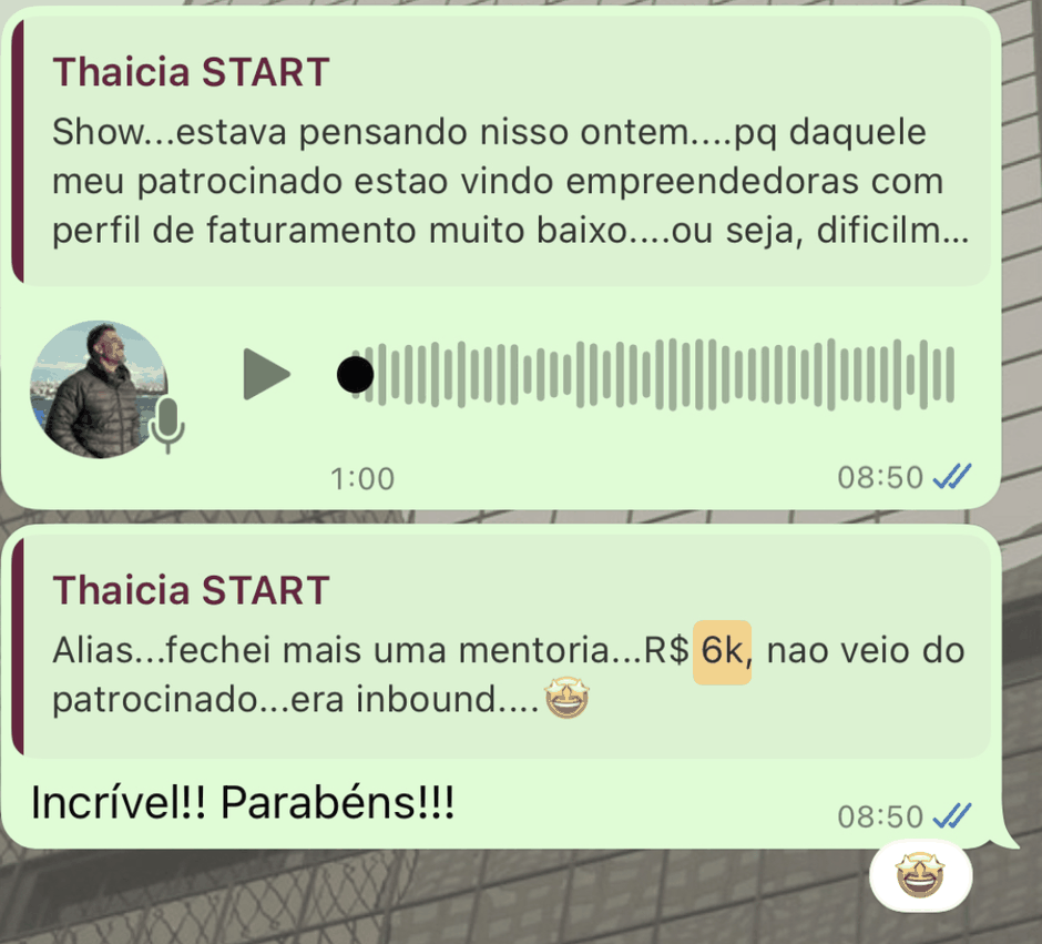 Cliente avisa que fechou mais uma mentoria de R$ 6 mil vinda de inbound, sem patrocínio